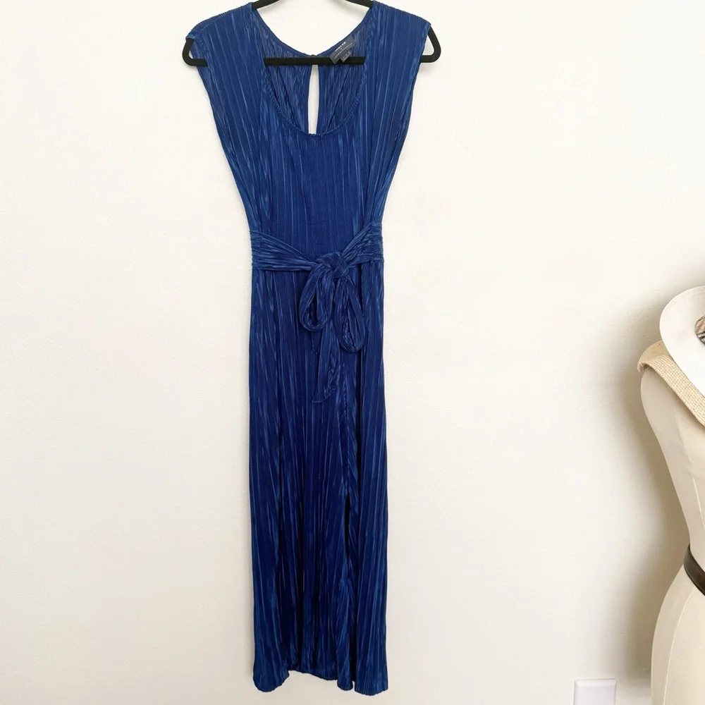 Maeve Sonata Belted Plisse Pleated Belt Tie Wide Leg Blue Jumpsuit